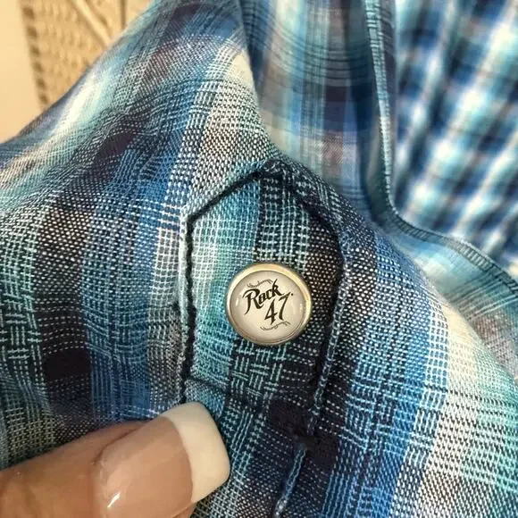 Wrangler Rock 47 Men’s Western Pearl Snap Shirt XXL Blue Plaid Long Sleeve EUC - Picture 6 of 12